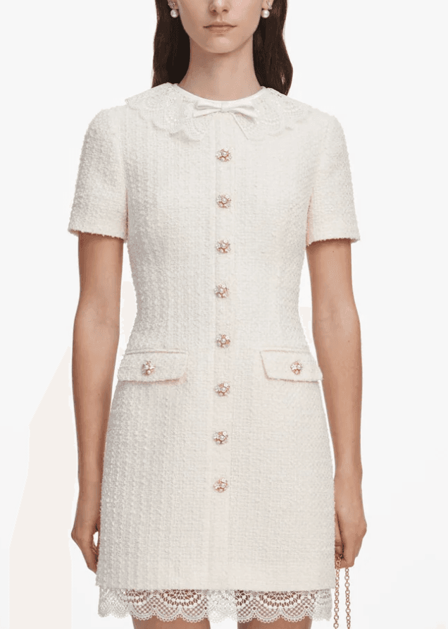 Cream Boucle Lace Trim Tailored Mini Dress